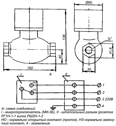 Рис.1. Габаритный чертеж реле протока РП-20